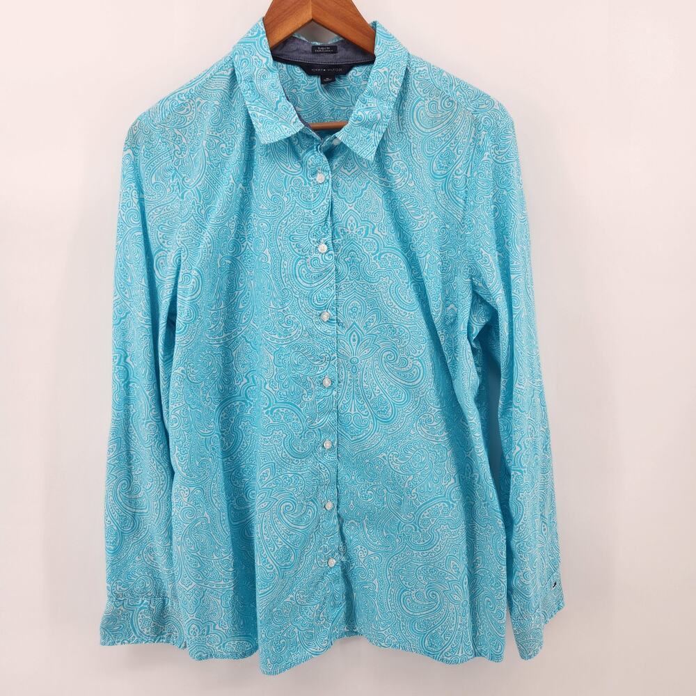 Tommy Hilfiger Women's XL Blue Paisley Button Front Blouse Long Roll Tab Sleeves